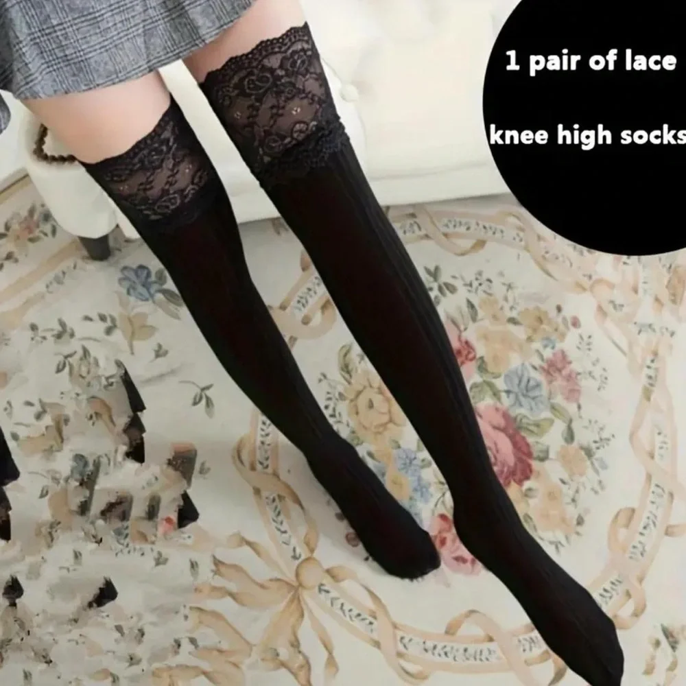 Cozy Black Lace Knee High Socks Soft Warm Over the Knee‎ One Size